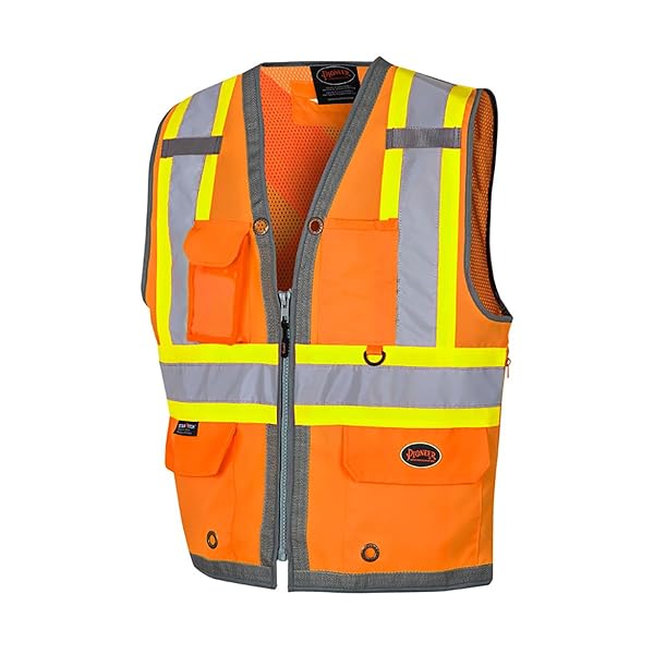 Pioneer Safety Vest for Men Hi Vis Reflective Neon Cool Mesh Back Panel 12 Pockets Zipper for Surveyor Work Orange Yellow Green