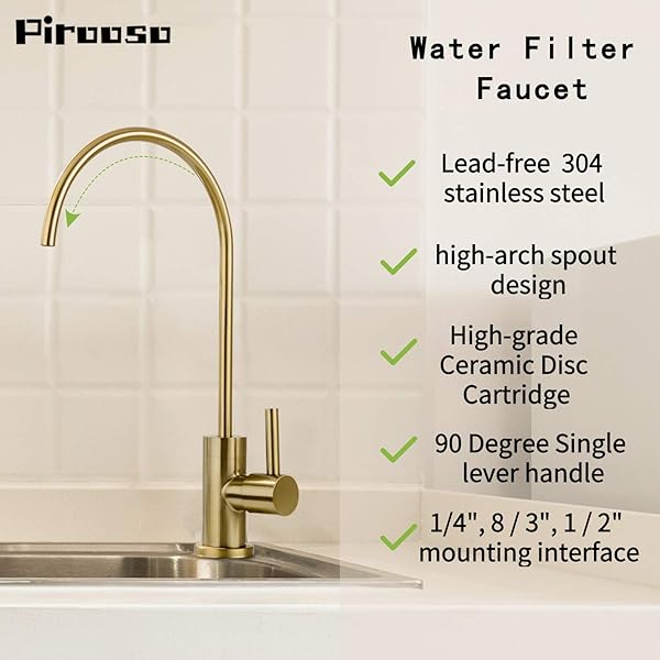 Pirooso Brushed Brass Water Filter Faucet, Drinking Water Faucet, 360° Swivel Kitchen Sink Water Filter Faucet, Fits Most Reverse Osmosis Units or Under Sink Water Filtration System, Brushed Gold - Image 4