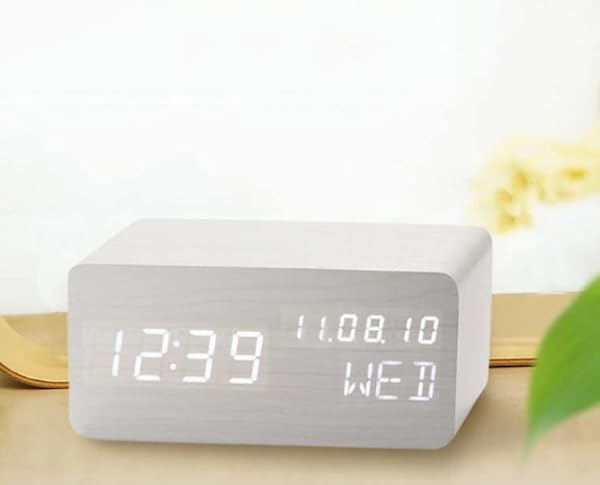 Pokanic Wood Digital Alarm Clock Desk Time, Date(MM/DD/YY), Day of The Week, Temperature, Nightlight Large LED Display Portable Lamp Bedroom, Office, School, Home, Livingroom, Room (White)