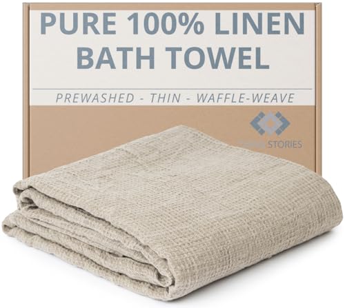 Thing Stories Pure 100% Linen Bath Towel - Lightweight 30x60 Travel & Beach Towel, Quick Dry Waffle Weave for Hair & Bathroom Use