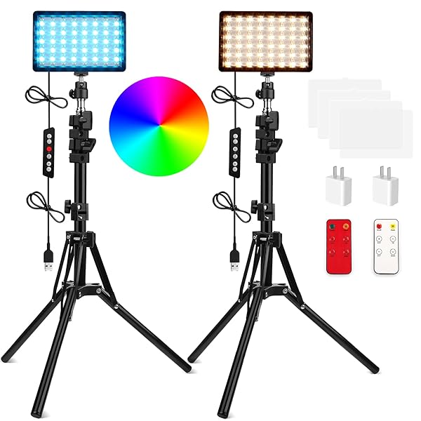 QEUOOIY 2 Packs RGB LED Video Light Adjustable Tripod Stand Dimmable USB Lighting Kit for YouTube Photography Game Zoom Live Streaming TikTok