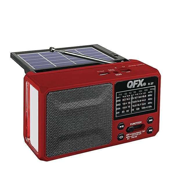 QFX R-37 6-Band Solar Radio: Bluetooth, LED Flashlight & USB Ports for Ultimate Outdoor Listening