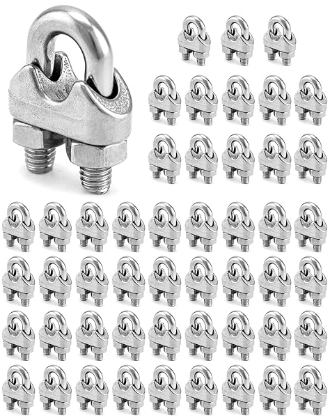 QWORK QWORK 1 4" Wire Rope Clamp Clip M6, 50 Pack Large U Bolt Saddle Guy Fastener, 304 Stainless Steel Fastener Cable Clamps, Connect 2 Layers of Wire to