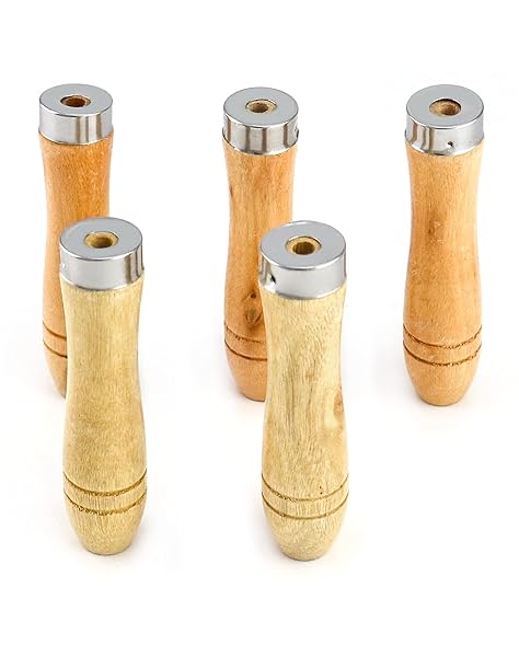 QWORK 5-Pack Wooden File Handles with Metal Collars - Ergonomic Tool for 4''-7'' Files & Drills