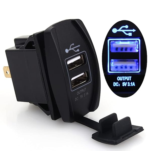 Qiilu Dual USB Rocker Switch Fast Socket Power Blue LED Carling Switch for Marine Boat Car UTV ATV 12V 24V 5V 3.1A Panel