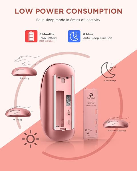 RAPIQUE Bluetooth Wireless Mouse Dual Connectivity Quiet Click Low Power 1600 DPI Portable Cordless Mouse for Mac Laptop iPad Rose Gold - Image 7