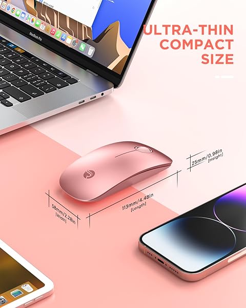 RAPIQUE Bluetooth Wireless Mouse Dual Connectivity Quiet Click Low Power 1600 DPI Portable Cordless Mouse for Mac Laptop iPad Rose Gold - Image 8