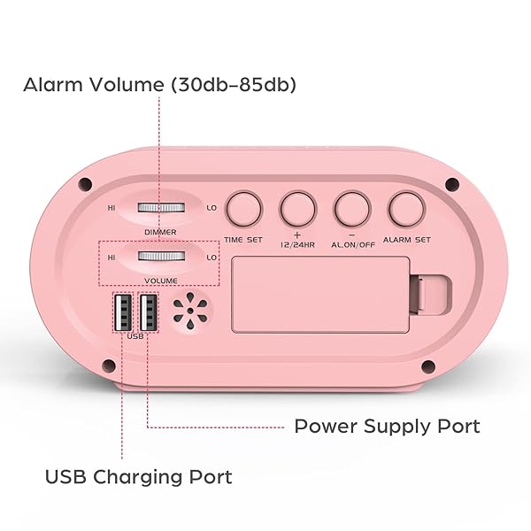 REACHER Pink Girls Alarm Clock, Dimmable Colorful LED Digital Display, USB Phone Charger Port, Simple Operation for Kids, Adults, Adjustable Volume, - Image 4