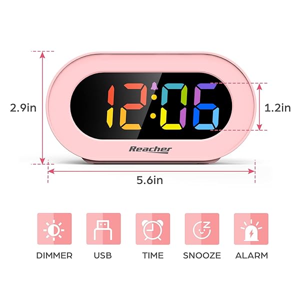 REACHER Pink Girls Alarm Clock, Dimmable Colorful LED Digital Display, USB Phone Charger Port, Simple Operation for Kids, Adults, Adjustable Volume, - Image 5