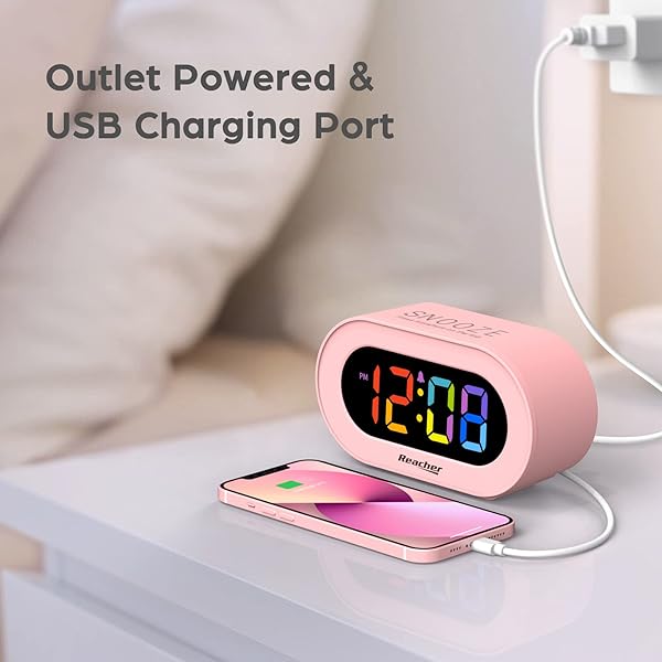 REACHER Pink Girls Alarm Clock, Dimmable Colorful LED Digital Display, USB Phone Charger Port, Simple Operation for Kids, Adults, Adjustable Volume, - Image 6