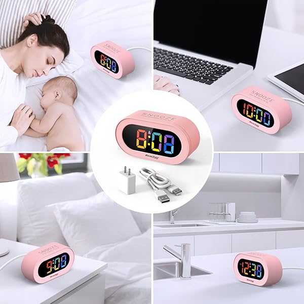 REACHER Pink Girls Alarm Clock, Dimmable Colorful LED Digital Display, USB Phone Charger Port, Simple Operation for Kids, Adults, Adjustable Volume, - Image 7