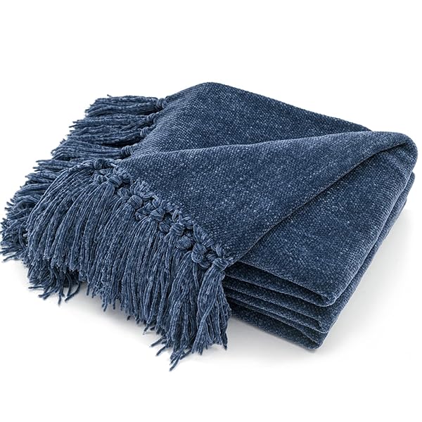 RECYCO Soft Cozy Chenille Throw Blanket with Fringe Tassel for Couch Sofa Chair Bed Living Room Gift Blue 50 x 60 Inches