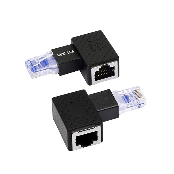 RIIEYOCA 90 Degree Ethernet Adapter Right Angle RJ45 Male to Female Extension Cat6 LAN Connector for Computers Laptops Routers 2 Pack