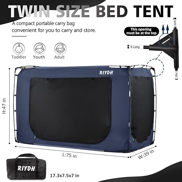 RIYDH Bed Tent Twin Size Portable Dream Canopy for Adults and Kids 93% Blackout Indoor Sleeping Tent with 3 Doors and Breathable Space - Image 9