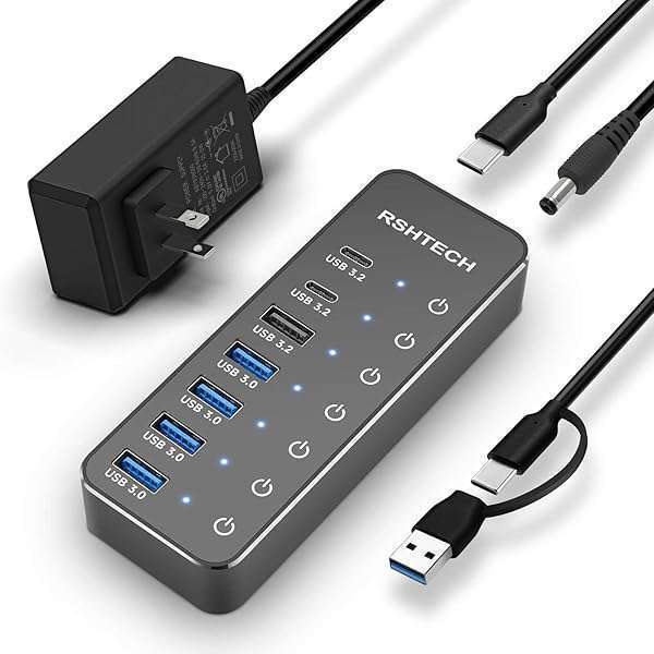 RSHTECH RSHTECH 7-Port USB Hub: 10Gbps USB 3.2 & USB-C Splitter for Laptop/PC with Touch Switches & 5V Power Adapter
