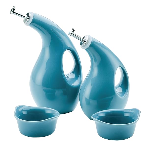 Rachael Ray Serveware Ceramics EVOO and Ramekin Dipper Set 4 Piece Agave Blue for Stylish Entertaining