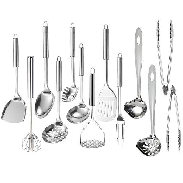 Ragyzity 304 Stainless Steel Kitchen Utensil Set 13PCS Nonstick Cookware Serving Utensils Comfortable Grip All Metal Cooking Spoons