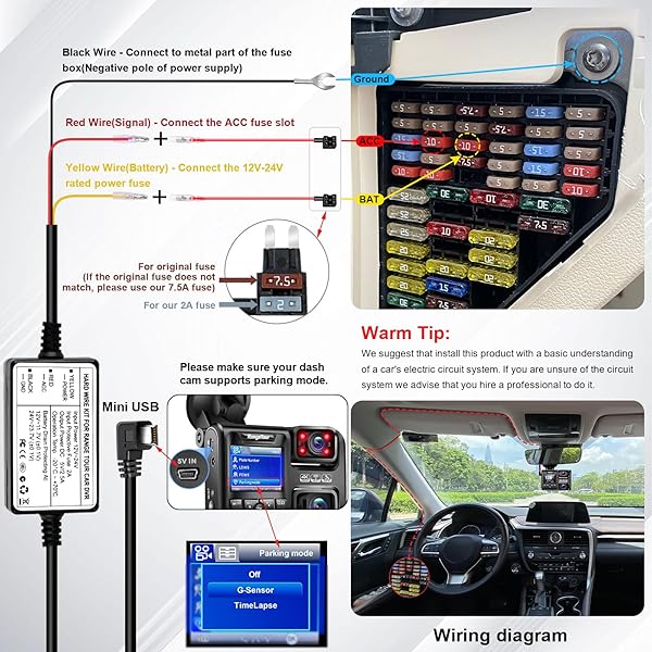 Range Tour Dash Cam Hardwire Kit: Mini USB 12V-24V to 5V Charger with 8 Adapters & 6 Fuses for Easy Installation - Image 6