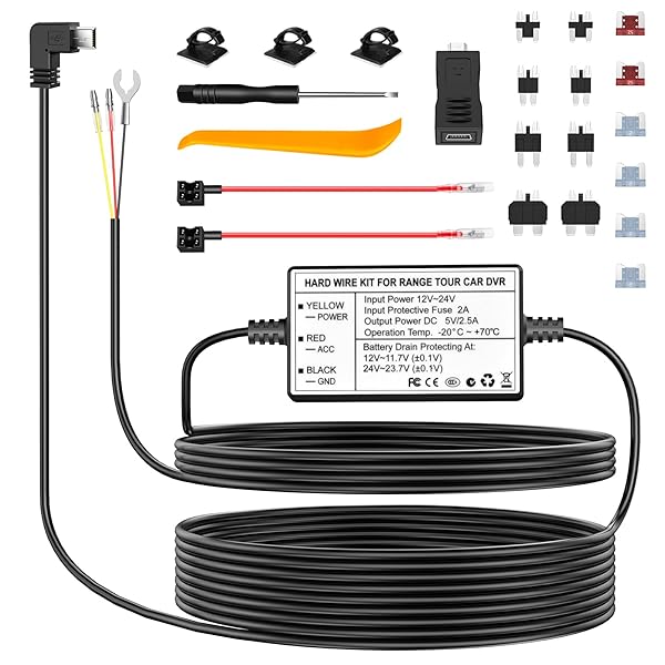 Range Tour Range Tour Dash Cam Hardwire Kit: Mini USB 12V-24V to 5V Charger with 8 Adapters & 6 Fuses for Easy Installation