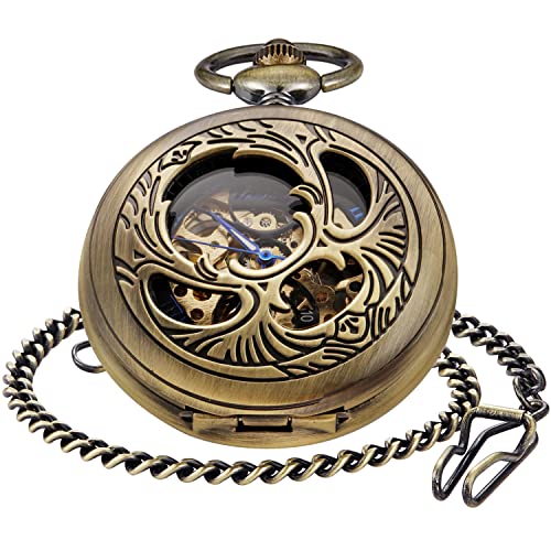 Realpoo Classic Brown Openwork Case Mechanical Pocket Watches, Mechanical Vintage Bronze Mechanical Pocket Watches Roman Numerals Black Dial Watches - Image 2