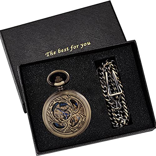 Realpoo Classic Brown Openwork Case Mechanical Pocket Watches, Mechanical Vintage Bronze Mechanical Pocket Watches Roman Numerals Black Dial Watches - Image 3