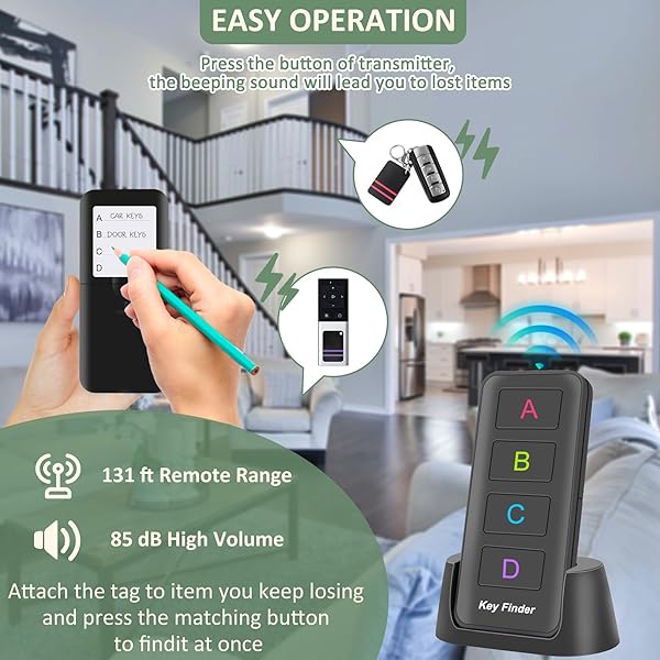 Remote Control Finder Pack of 4 Key Tracker Tags for Car Keys and Phones 135Ft Range 85dB Beeper Lost Key Locator Black - Image 7