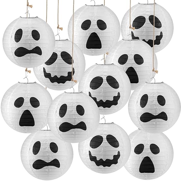 Retisee 12 Pcs Halloween Paper Lanterns Ghost Lanterns 8 Inch Round Hanging Lanterns for Indoor Outdoor Party Decorations