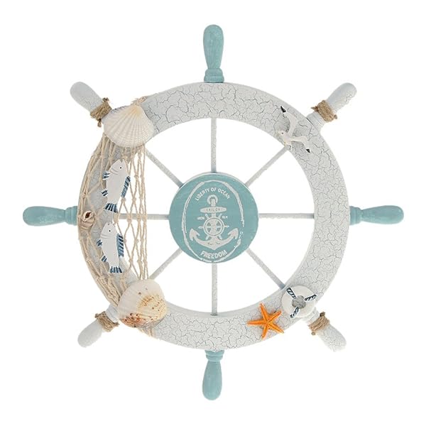 Rienar Nautical Beach Decor: Wooden Ship Wheel, Fishing Net & Shell Wall Art for Coastal Homes