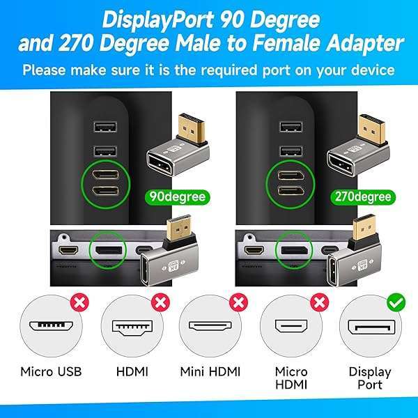 Right Angle 8K DisplayPort 1.4 Adapter Multi-Type 90 Degree and 270 Degree Adapter 4 Pack, DP Male to Female Vertical Connector Converter DP L Shape Extender, Support 8K@60Hz?4K@144Hz?4K@60Hz?4K@30Hz - Image 4