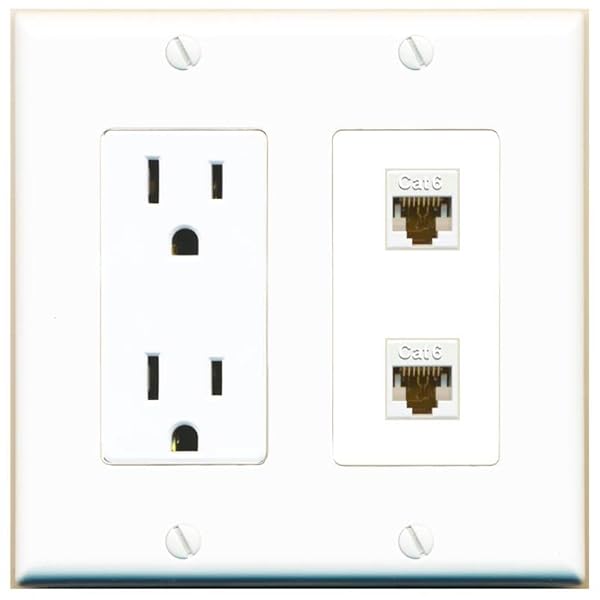 RiteAV 15 Amp Power Outlet 2 Port Cat6 Ethernet White Decorative Wall Plate for Home and Office Use