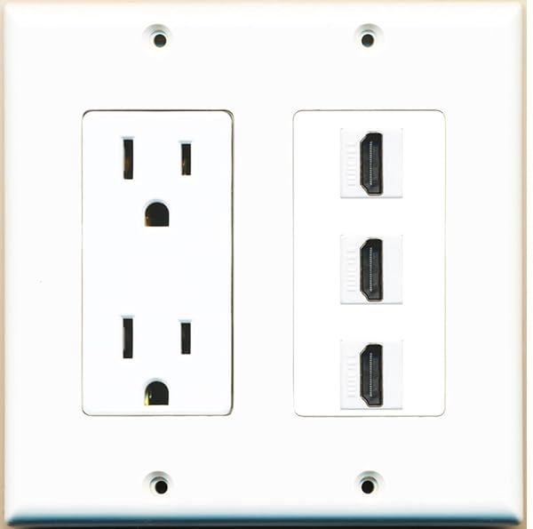 RiteAV 15 Amp Power Outlet 3 Port HDMI Decorative Wall Plate White for Home Theater and Entertainment Systems