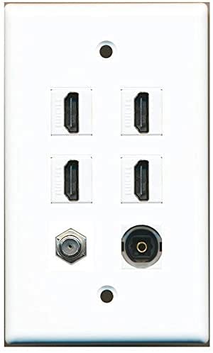 RiteAV RiteAV Wall Plate with 4 HDMI 1 Coax Cable TV and 1 Toslink Port in White for Easy Home Theater Setup