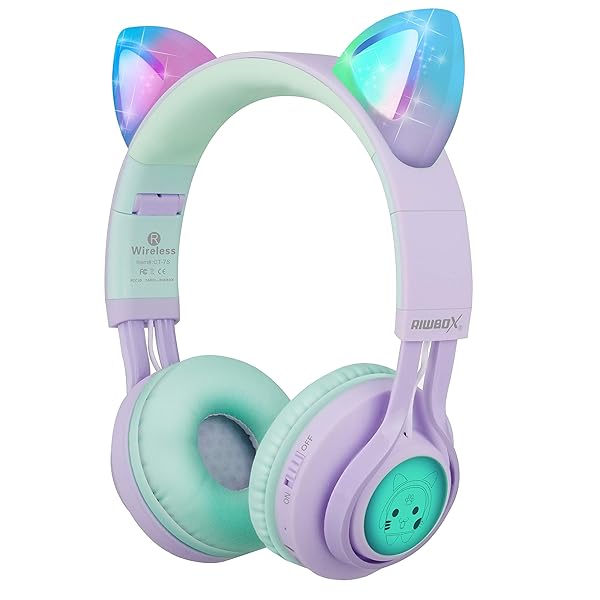 Riwbox CT-7S Cat Ear Wireless Headphones for Kids - 85dB Volume Limiting, LED Lights, Microphone for Laptop/PC/TV (Purple & Green)