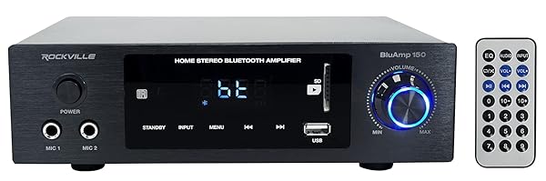 Rockville BLUAMP 150: 75W Bluetooth Home Stereo Receiver for Theater, Karaoke & Parties - Remote Included