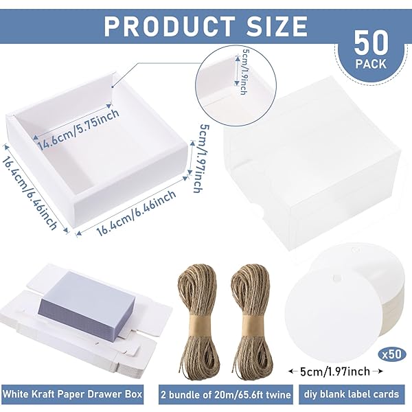 Roowest 50 Sets Kraft Gift Boxes Rectangle Drawer Box with Window for Soap Jewelry Candy Wrapping Party Favor White 6.5 x 6.5 x 2 Inch - Image 4