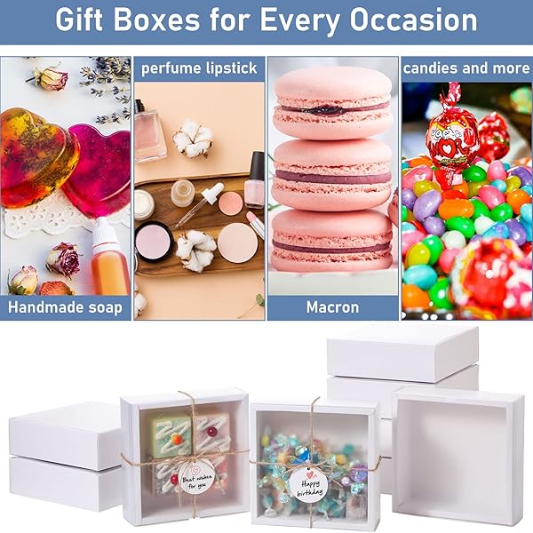 Roowest 50 Sets Kraft Gift Boxes Rectangle Drawer Box with Window for Soap Jewelry Candy Wrapping Party Favor White 6.5 x 6.5 x 2 Inch - Image 6