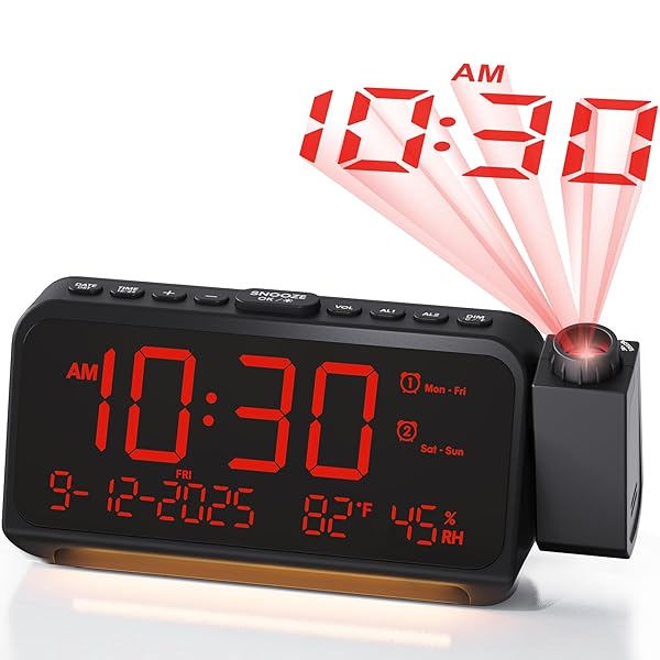 Roxicosly Super Loud Projection Alarm Clock for Heavy Sleepers with Dimmable Ceiling Display and Charging Port for Bedroom Use
