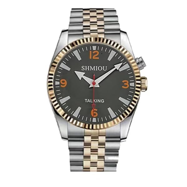 SHMIOU English Talking Watch for The Elderly Blind Visually Impaired Man Male Stainless Steel Gold Silver Bracelet Gray Dial Voice with Alarm