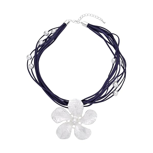 "Shop LC Multi Strand Faux Leather Jasmine Flower Necklace - Perfect Christmas Gift for Women, 18-20" Navy & Platinum Plated Jewelry"