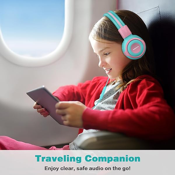 SIMOLIO Kids Headphones with Mic Volume Limit Share Port for Tablet iPad Kindle Laptop Sturdy Wired Headsets with Portable Bag Mint Pink - Image 2