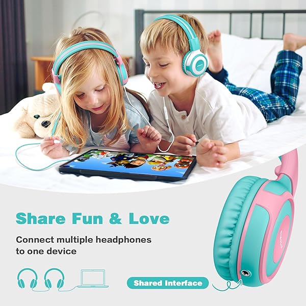 SIMOLIO Kids Headphones with Mic Volume Limit Share Port for Tablet iPad Kindle Laptop Sturdy Wired Headsets with Portable Bag Mint Pink - Image 4
