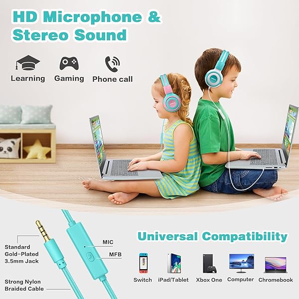 SIMOLIO Kids Headphones with Mic Volume Limit Share Port for Tablet iPad Kindle Laptop Sturdy Wired Headsets with Portable Bag Mint Pink - Image 5