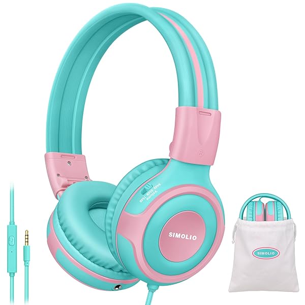 SIMOLIO Kids Headphones with Mic Volume Limit Share Port for Tablet iPad Kindle Laptop Sturdy Wired Headsets with Portable Bag Mint Pink