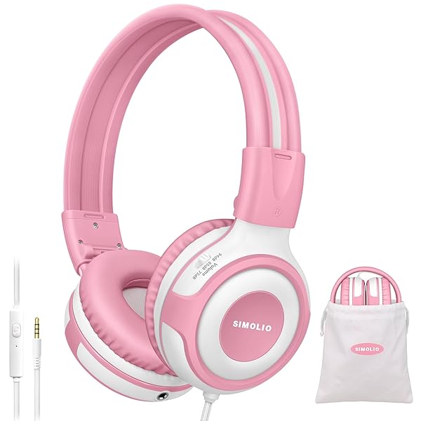 SIMOLIO Wired Headphones for Kids with Mic and Share Port Volume Limit 75dB 85dB 94dB Portable Bag Stereo Sound Tangle-Free Cord Pink White