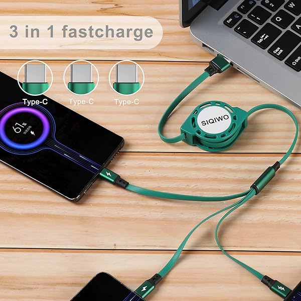 SIQIWO USB C Retractable Fast Charging Cable for iPhone 15, Samsung Galaxy S24, PS5 & More - QC 3.0 (3A) with 3 Connectors - Image 4