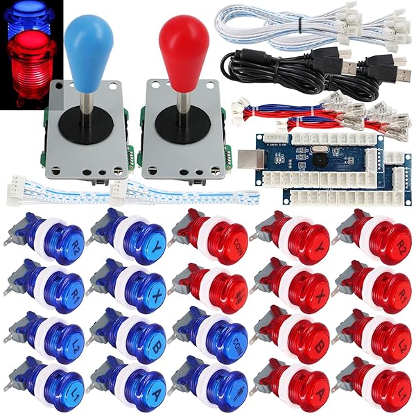 SJ JX 2 Player Arcade Game Stick DIY Kit with LED Buttons Joystick USB Encoder for PC MAME Raspberry Pi Red Blue