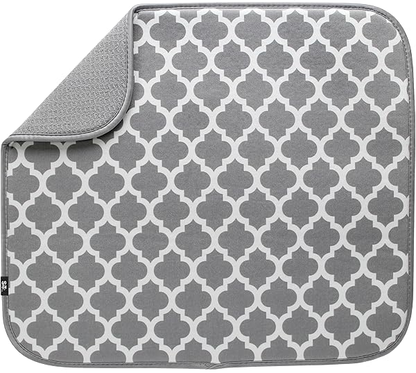 "Highly Absorbent S&T INC. Dish Drying Mat - Large 16"x18" Microfiber Kitchen Counter Pad in White Trellis"