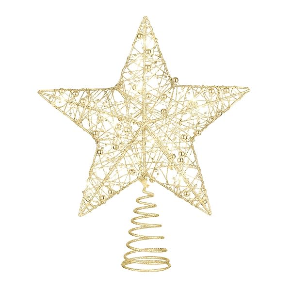 STOBOK Golden Christmas Tree Topper Star with Glitter Lights 10 x 12 inch Ornament for Holiday Home Decor
