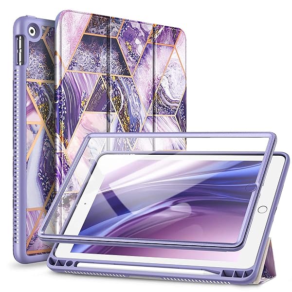 Suritch iPad 9th/8th/7th Gen Case with Screen Protector & Pencil Holder - Lightweight Leather Smart Cover in Purple Marble