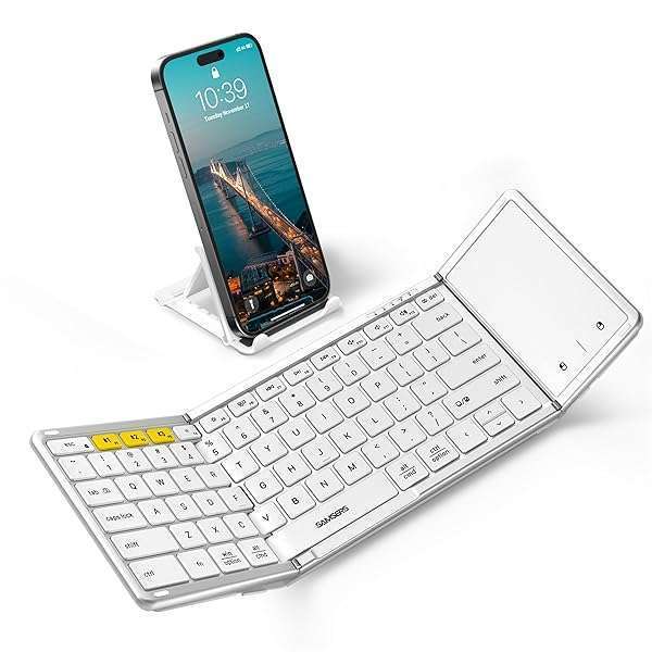 Samsers Foldable Bluetooth Keyboard with Touchpad, Full-Size Wireless Folding Keyboard with PU Leather, Portable Travel Keyboard for iOS Android Windows Mac OS, Support 3 Devices (BT5.1 x 3), Silver